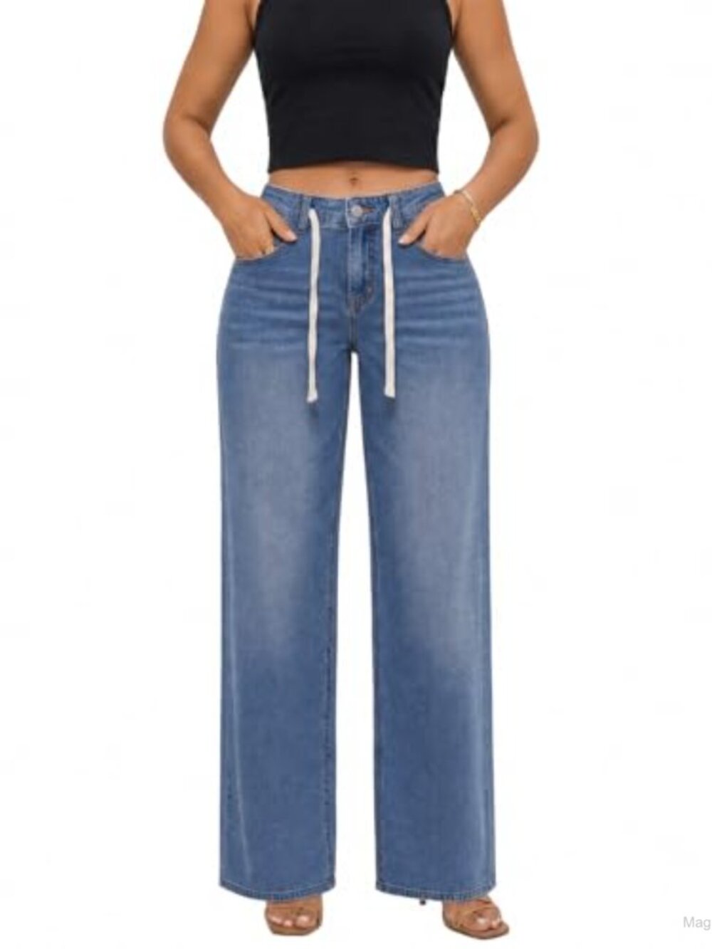 Drawstring Jeans Mid Rise Elastic Waist Wide Leg Denim Pants